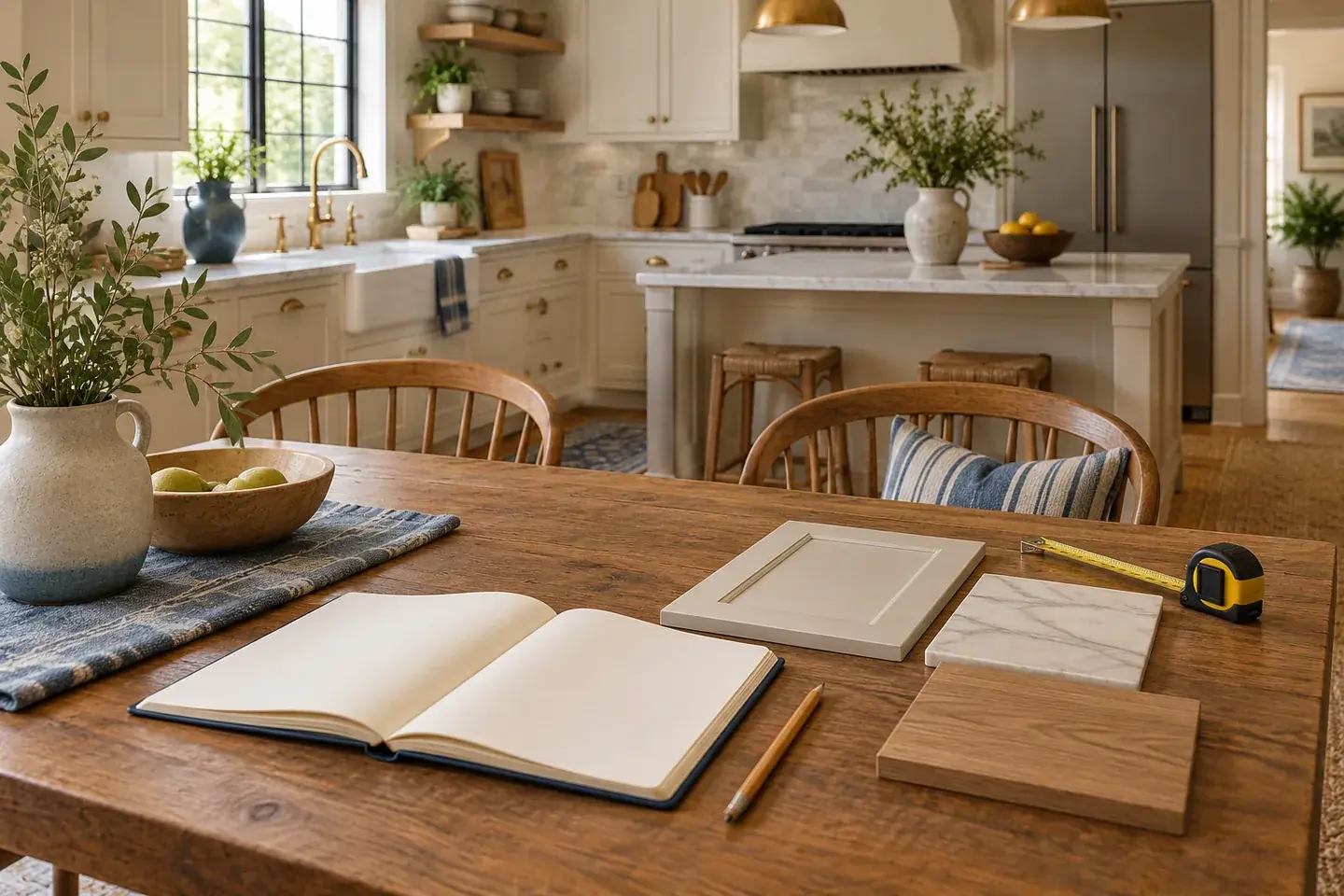 Notebook, pencil and material samples on a table in a bright kitchen, shown as a planning illustration.